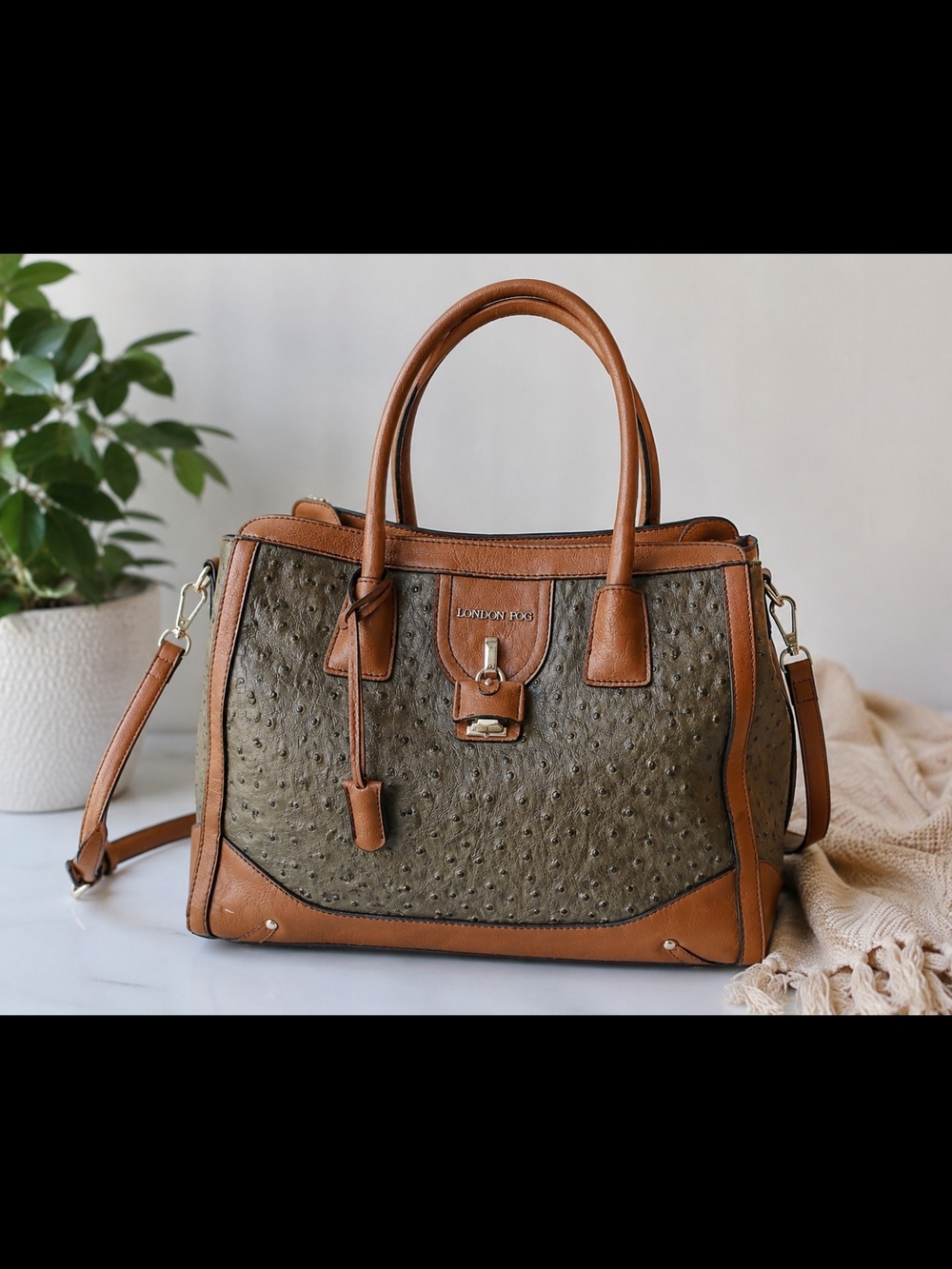 London Fog Ostrich Embossed Satchel Tote Crossbody Bag Brown Taupe Work Office